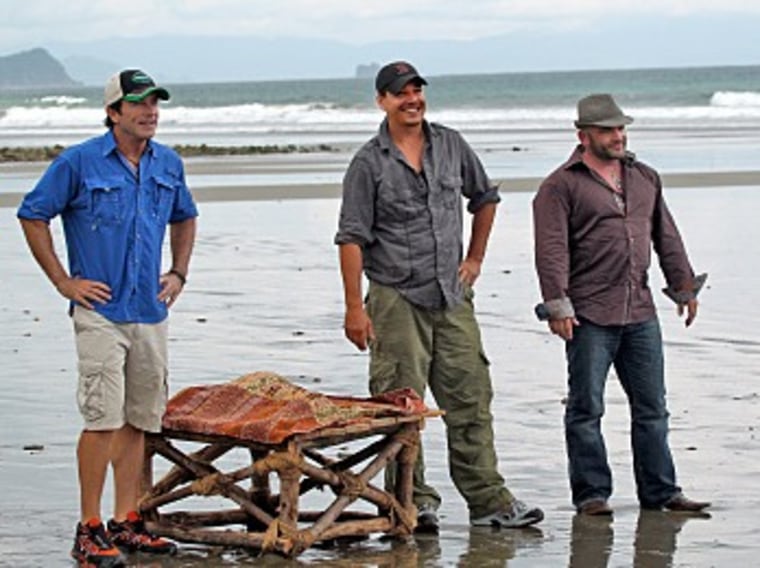 Host, Jeff Probst, left, introduced the cast of \"Survivor\" 22 to the last two members, returning contestants Rob Mariano, center, and Russell Hantz.