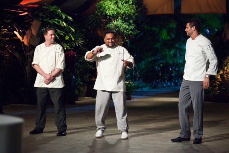 Kevin, center, outcooked Ed, left, and Angelo to win \"Top Chef.\"