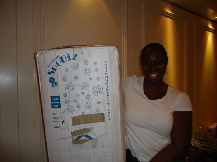 Production manager Grace Yavana with that sketchy box of snow.