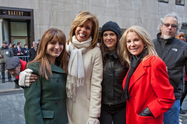 Kathie Lee Gifford (right) and Hoda Kotb (second from left) stand with the comic actresses who spoof them on \"Saturday Night Live\": Nasim Pedrad (left) and Kristen Wiig (second from right). Read more: http://on.today.com/yqVJrb