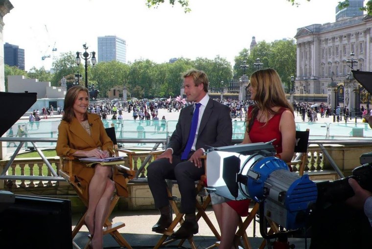 Meredith Vieira discusses the wedding with NBC's special correspondent Ben Fogle and commentator Celia Walden in front of Buckingham Palace.