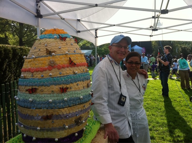 The White House Egg, with White House Executive Chef Cris Comerford and White House Executive Pastry Chef Bill Yosses.