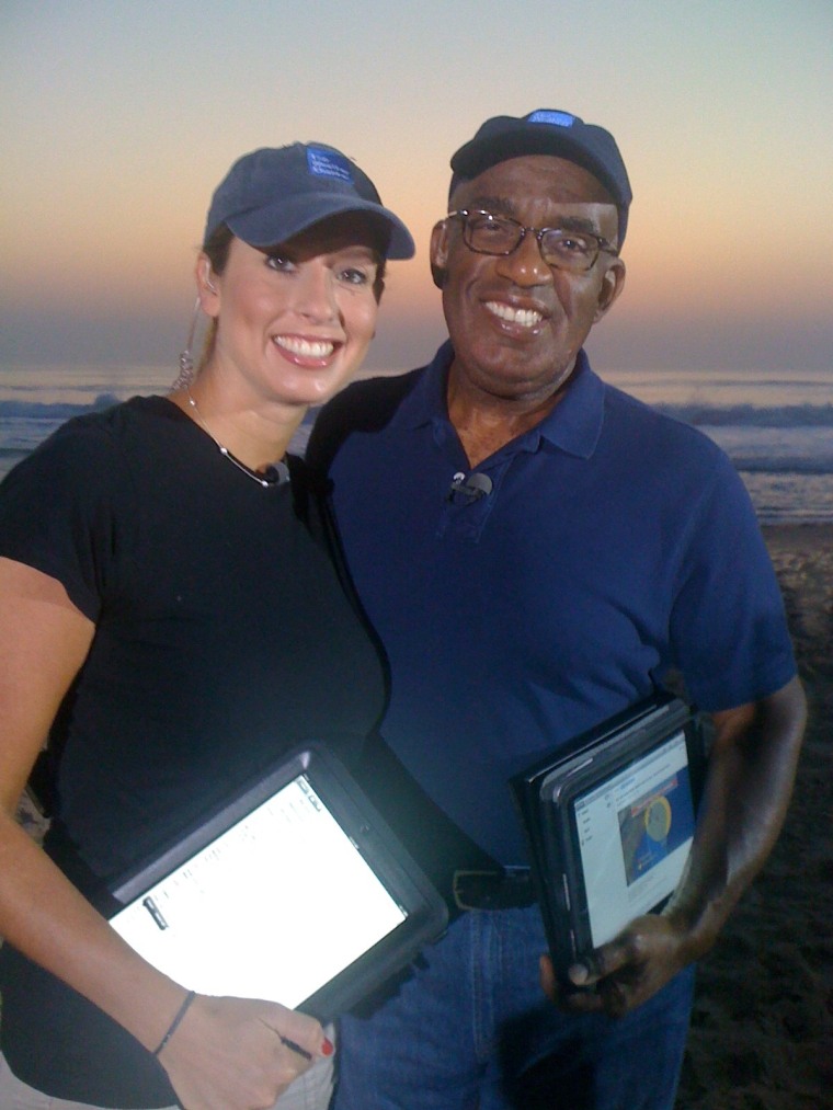 Stephanie Abrams and Al Roker get ready for their live shot  on TODAY covering hurricane Earl in Kill Devil Hills, N.C.