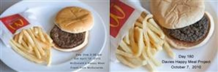 A New York artist bought this Happy Meal from a McDonald's restaurant in April, and set it on her living room table. Six months later, it looks almost the same.