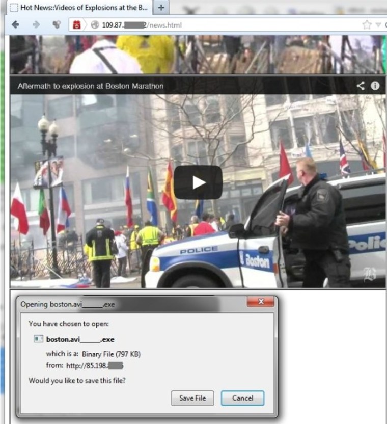 Screenshot of Boston Marathon Web link malware