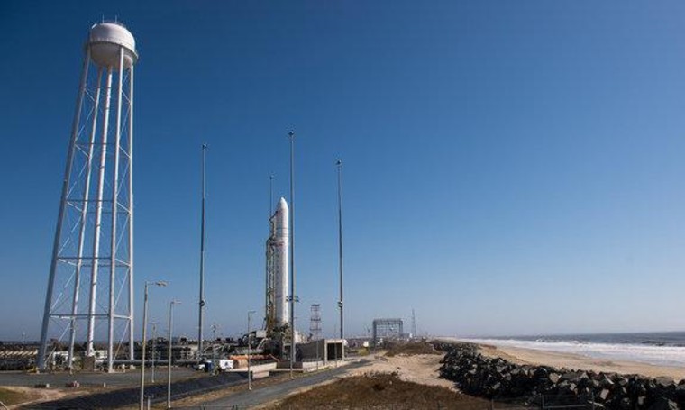 The Orbital Sciences Corp. Antares rocket is poised for launch on the Mid-Atlantic Regional Spaceport (MARS) Pad-0A at the NASA Wallops Flight Facility on Tuesday.