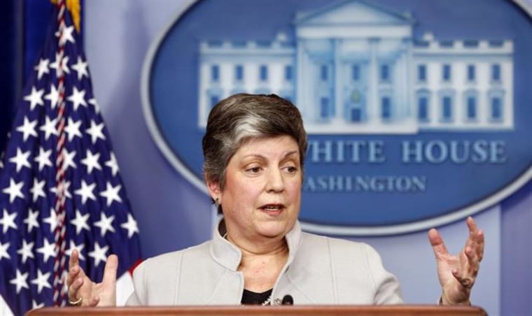 Homeland Security Secretary Janet Napolitano speaks about the effects of the sequester from the White House in Washington February 25, 2013. REUTERS/Kevin Lamarque