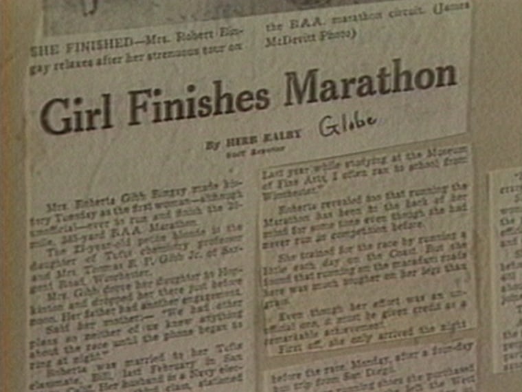 Newspaper headlines after Bobbi Gibb's historic Boston Marathon run in 1966.