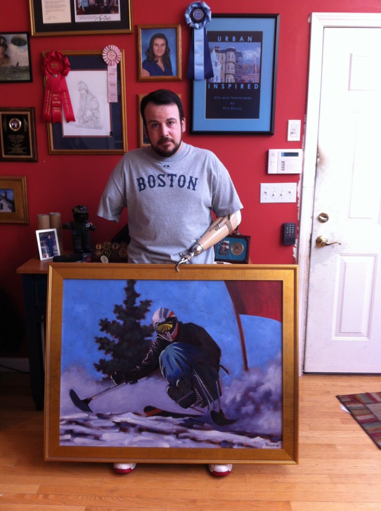 Pete Damon and one of his many works, a depiction of a wounded warrior on a monoski.