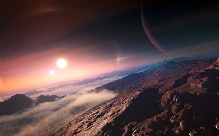 An artist's conception shows an exoplanet and its twin suns, as seen from the surface of a moon.