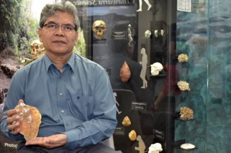 Professor Truman Simanjuntak holds an exact replica of an ancient stone hand ax excavated from East Java.