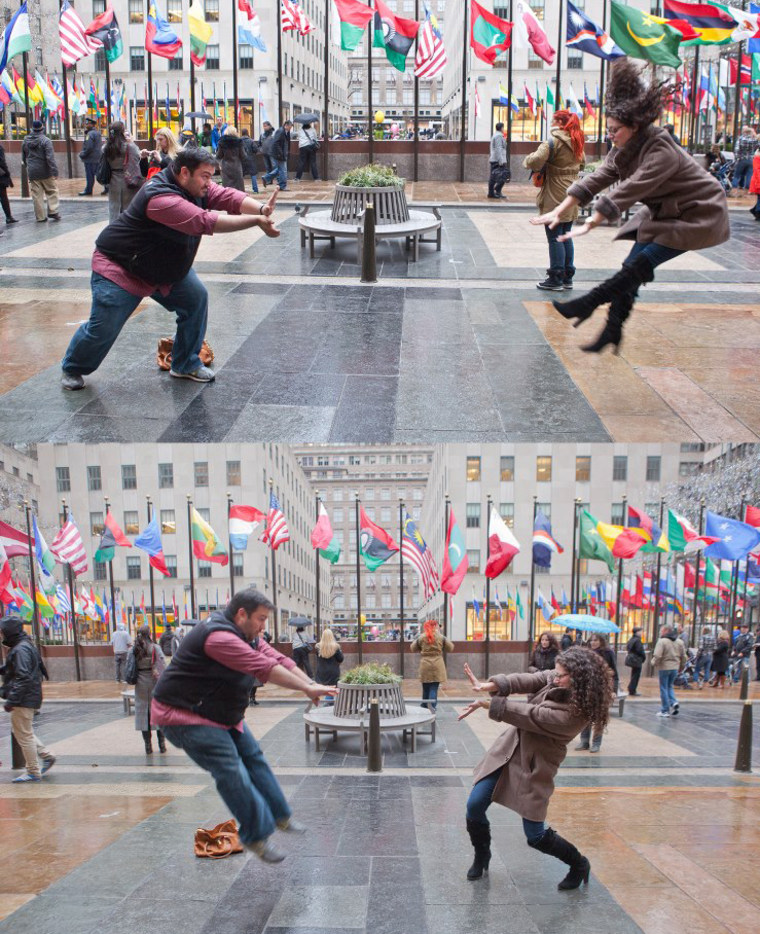 NBC News staffers Anthony Quintano and Stephanie Haberman demonstrate the Hadoken meme.