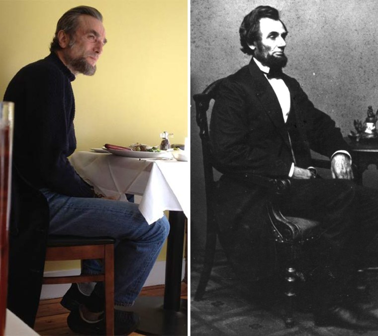 Dinner for two? Actor Daniel Day Lewis, left, in Richmond, Va., this week, and President Lincoln in 1863.