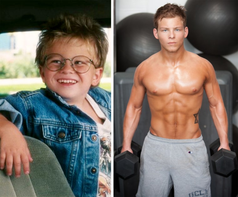 Jonathan Lipnicki in \"Jerry Maguire\" in 1996, left, and now at 21, pumping iron in Los Angeles.