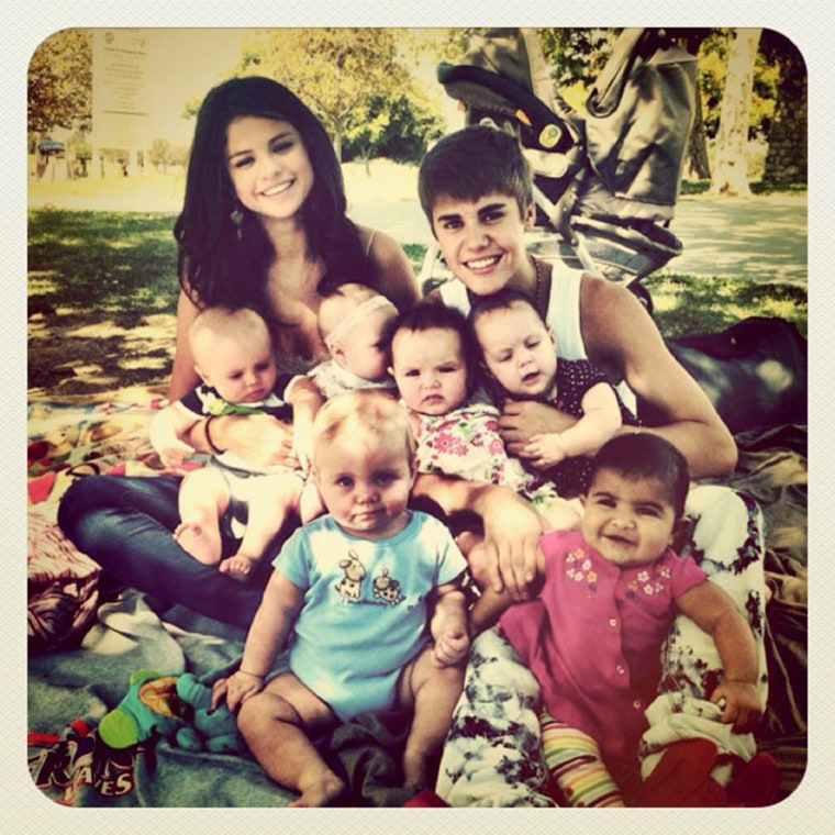 An Instagram photo of Justin Bieber and Selena Gomez with, count 'em, six babies in tow.