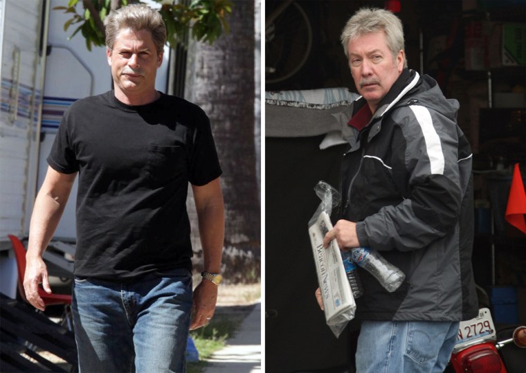 Actor Rob Lowe, left, made up to look like accused killer Drew Peterson on the set of \"The Drew Peterson Story aka Ladykiller\" in Pasadena, Calif. The former Bolingbrook, Ill., police officer at his home in November 2007.
