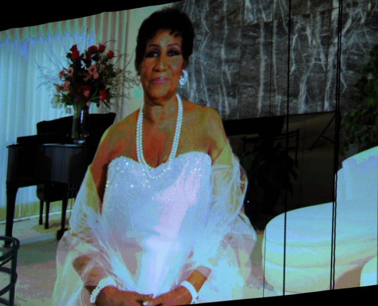 Aretha Franklin is shown via video during the Grammy Awards on Feb. 13.