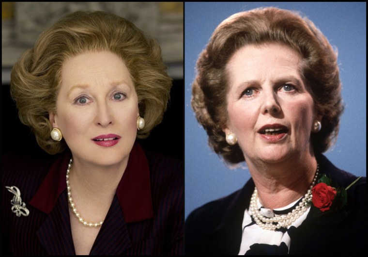 Meryl Streep, left, portrays former British Prime Minister Margaret Thatcher, right, in