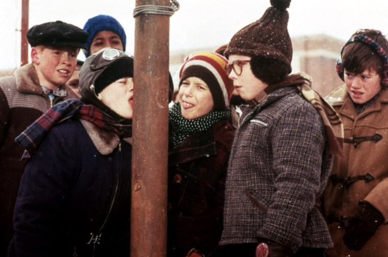 It'll be tough for any actor to sing with his tongue stuck to a frozen pole. (Actor Peter Billingsley is second from right in this scene from \"A Christmas Story.\")