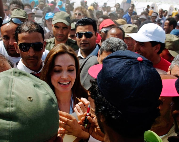 Angelina Jolie, a United Nations High Commissioner for Refugees goodwill ambassador, visits Shousha Camp at Ras Djir, five miles from the Tunis-Libyan border on Tuesday, April 5.