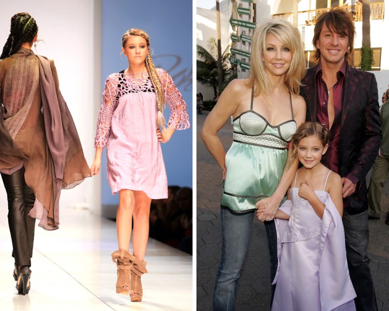 Ava Sambora, left, walks the runway at the WTB Spring 2011 Fashion Show at Sunset Gower Studios in Los Angeles on Sunday. At right, Ava is seen with her parents Heather Locklear and Richie Sambora in Hollywood on June 13, 2005.