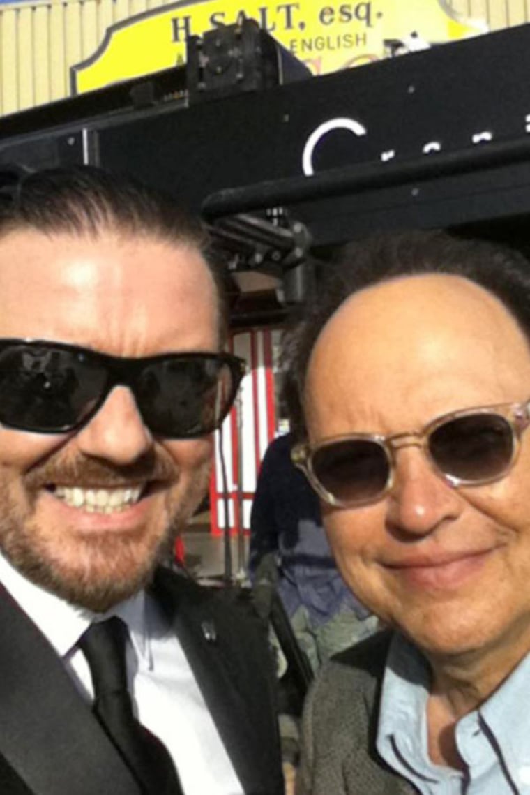 Ricky Gervais tweeted this image on Wednesday: Just told Billy Crystal he'd better not use any of my holocaust or pedophile material at The Oscars. He agreed (true).
