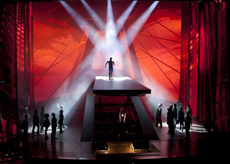 The opening scene from the musical \"Spider-Man: Turn Off the Dark\" during a rehearsal in New York, on Nov. 20.