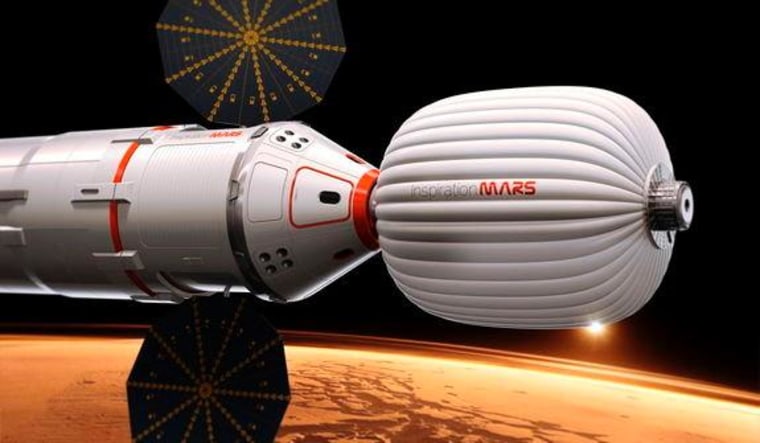 An artist's illustration of the Inspiration Mars Foundation's spacecraft for a 2018 mission to Mars by a two-person crew. The private Mars mission would be a flyby trip around the Red Planet.