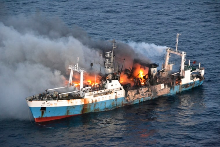 Chinese factory fishing ship Kai Xin, pictured burning just off the coast of Antarctica, Friday.