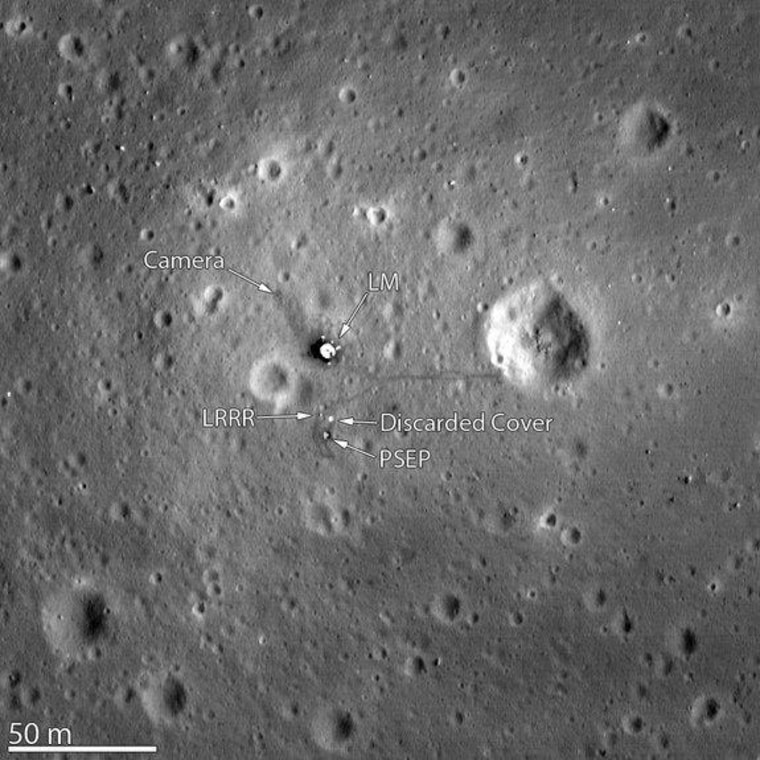 The Lunar Reconnaissance Orbiter Camera snapped its best look yet of the Apollo 11 landing site on the moon. The image, which was released on March 7, 2012, even shows the remnants of Neil Armstrong and Buzz Aldrin's historic first steps on the surface around the Lunar Module.