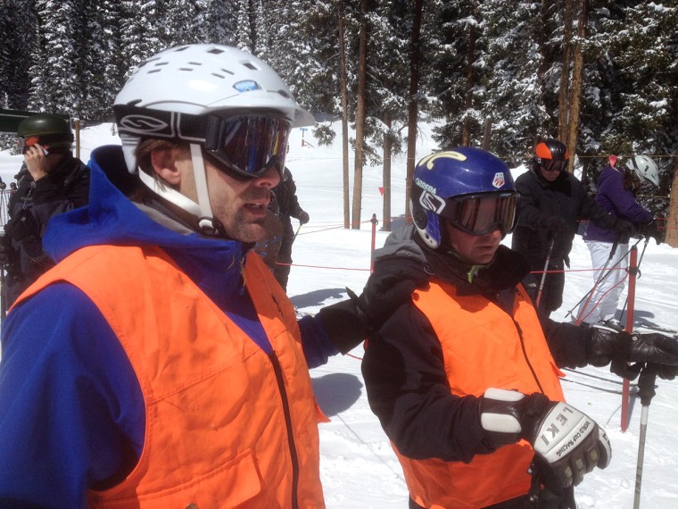 Eric Weihenmayer (R) and his ski guide, Jeff Ulrich, take a spin on the slopes in Vail. Weihenmayer is one of the world's most accomplished blind outd...