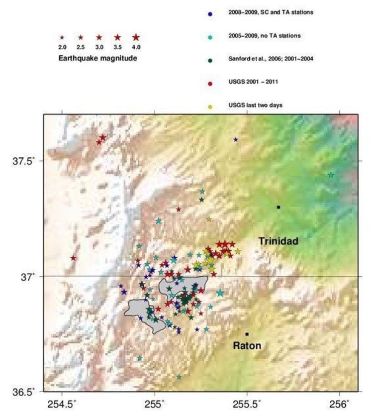 Earthquakes in New Mexico and Colorado from 2001 to 2011.
