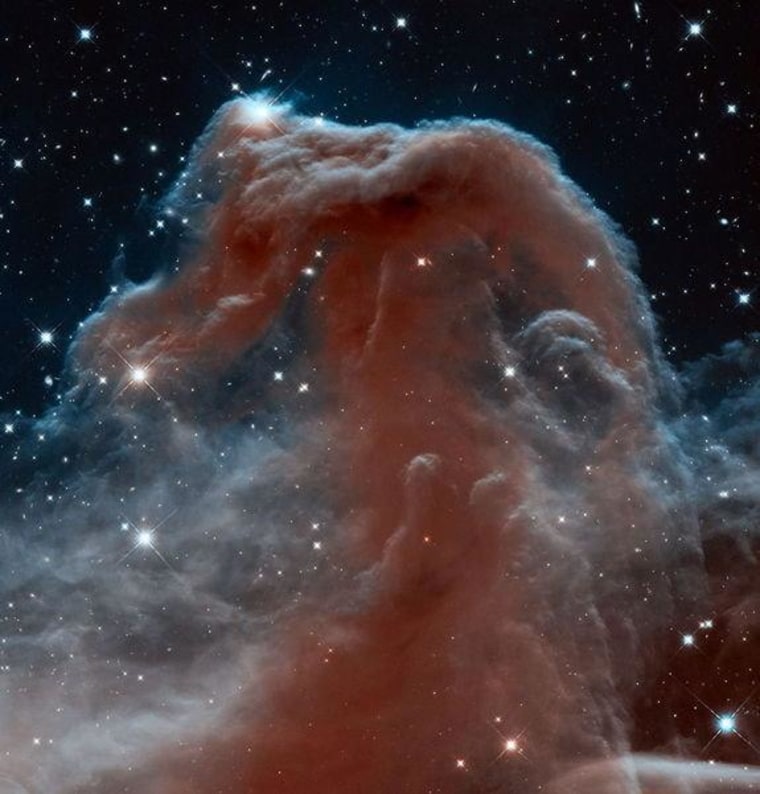 This new Hubble image, captured and released Friday to celebrate the telescope's 23rd year in orbit, shows part of the sky in the constellation of Orion (The Hunter). Rising like a giant seahorse from turbulent waves of dust and gas is the Horsehead Nebula, otherwise known as Barnard 33.