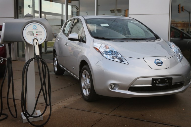 NILES, IL - DECEMBER 03: A Nissan Leaf electric vehicle is displayed at Star Nissan on December 3, 2012 in Niles, Illinois. Nissan Motor Co. Ltd. tod...