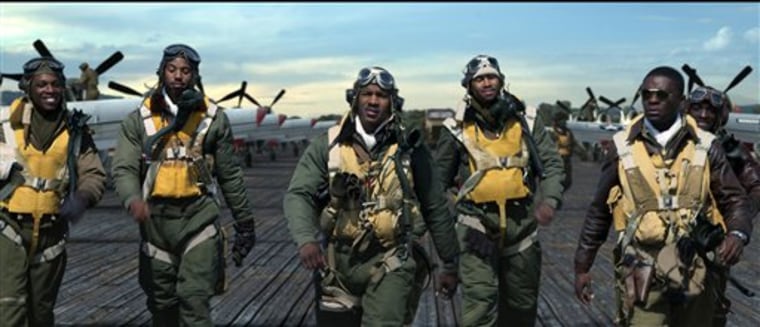 World War II fly guys (from l. David Oyelowo, Elijah Kelley, Leslie Odom Jr., Michael B. Jordan, Nate Parker and Kevin Phillips) face racism in