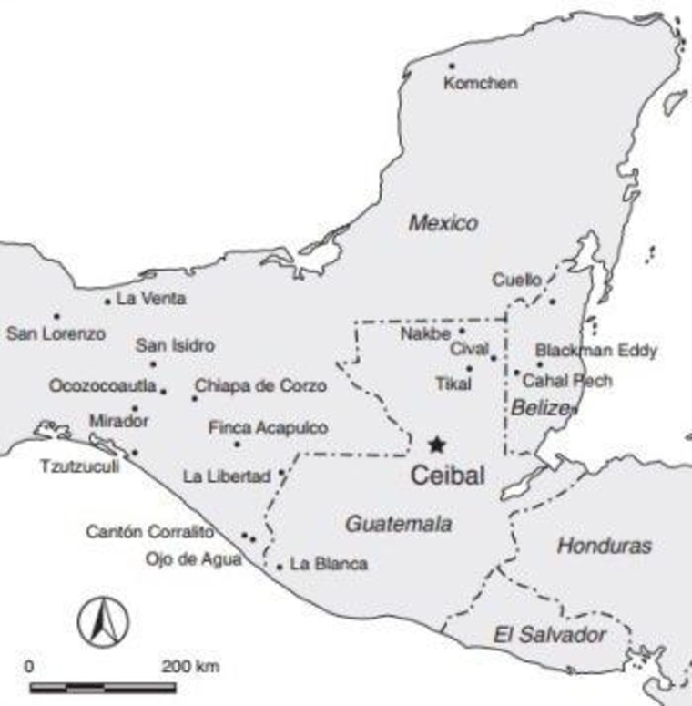 Ceibal lies in Guatemala's Maya lowlands. The Olmec centers of San Lorenzo and La Venta were hundreds of miles away, in Mexico. Researchers suggest that Ceibal also was influenced by other communities in central Chiapas and along the Pacific coast.