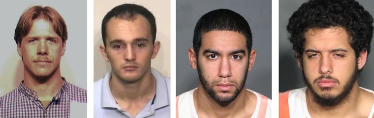 These undated file photos provided by the City County Bureau of Identification in Wake County, N.C., show from left: Daniel Patrick Boyd, Hysen Sherifi, Mohammad Omar Aly Hassan and Ziyad Yaghi. Authorities claim the group and others, including Boyd's sons, were gearing up for a