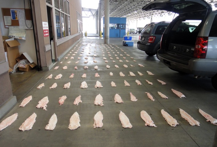 Totoaba bladders are displayed at a U.S. border crossing in downtown Calexico, Mexico. Seven people have been charged in a scheme to sell the bladders...
