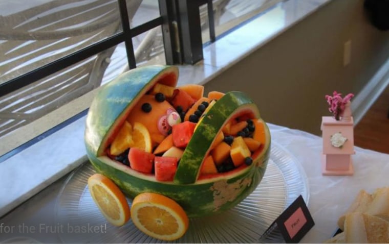 Jones created this fruit basket as a gift for his friends who had just welcomed a new baby.