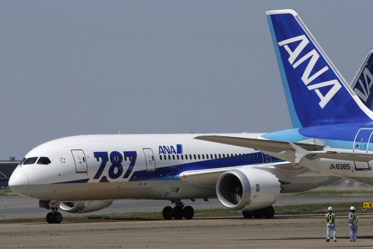 A Boeing 787 of All Nippon Airways lands after a test flight at Haneda International Airport in Tokyo, Sunday, April 28, 2013.