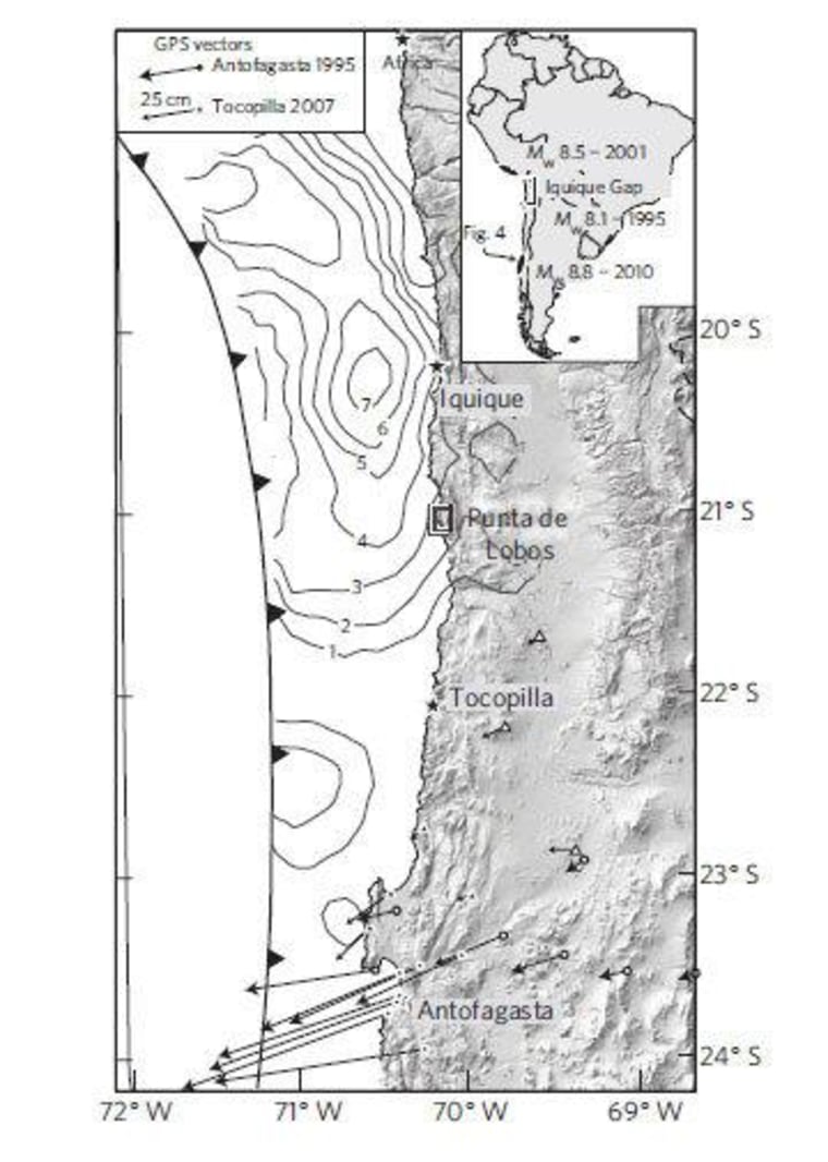 A map of an the area in Chile where scientists examined signs that millenia of earthquakes had left permanent deformation of the ground.