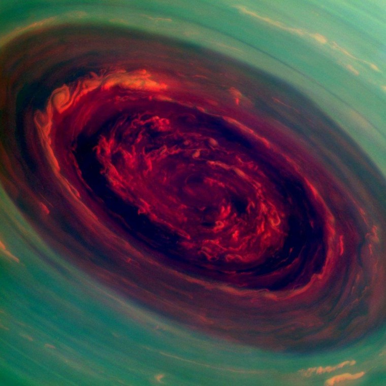 The spinning vortex of Saturn's north polar storm resembles a deep red rose in this false-color image from NASA's Cassini spacecraft. Measurements have sized the eye at a staggering 1,250 miles (2,000 kilometers) across with cloud speeds as fast as 330 miles per hour (150 meters per second). This image was taken from a distance of 261,000 miles (419,000 kilometers) on Nov. 27, 2012, with filters sensitive to near-infrared light.