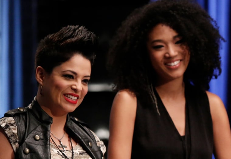THE VOICE -- "Adam Reality" Episode 407 -- Pictured: (l-r) Karina Iglesias, Judith Hill -- (Photo by: Tyler Golden/NBC)
