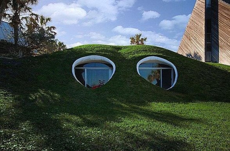 Two windows poke out from the grass roofline of this unusual home.