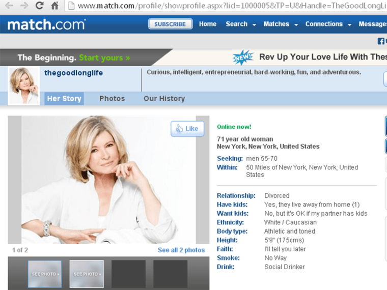 Martha Stewart's profile on Match.com.