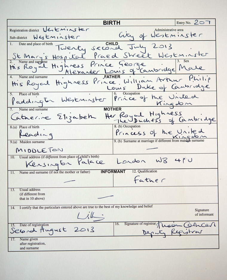 This picture shows the birth registration for Prince George of Cambridge, after the birth registration formalities were completed in London on August ...