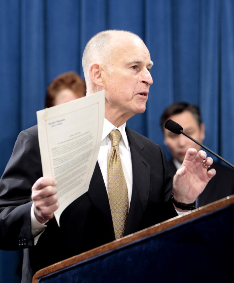 California Gov. Jerry Brown, pictured at a news conference in Sacramento in January, called the Supreme Court's order dangerous Friday.