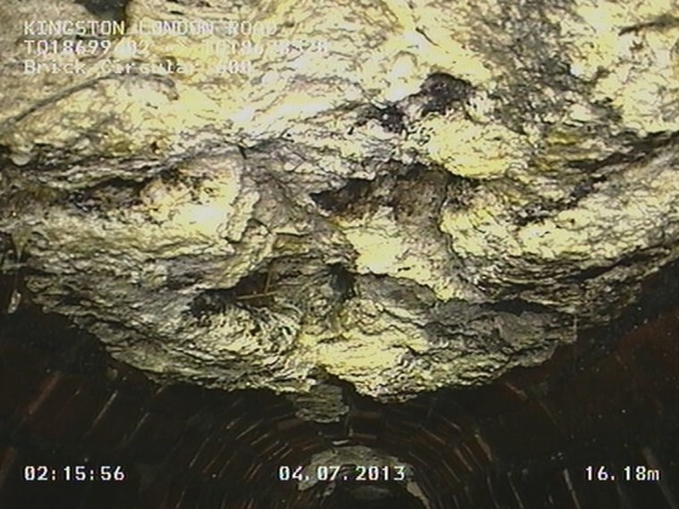 A CCTV still shows the 15-ton mass of wet wipes and cooking fat that was found clogging sewers under London.