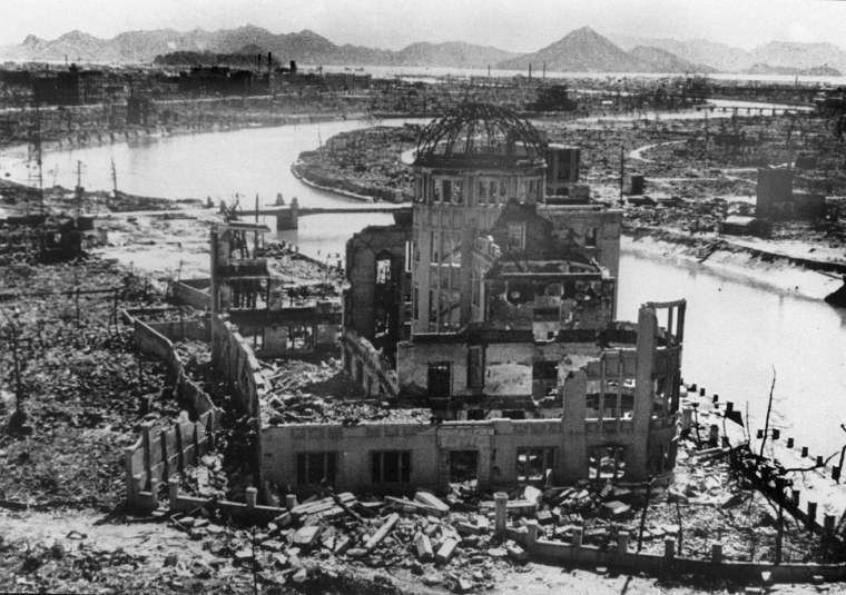 1945: The remains of the Prefectural Industry Promotion Building after the bombing of Hiroshima.