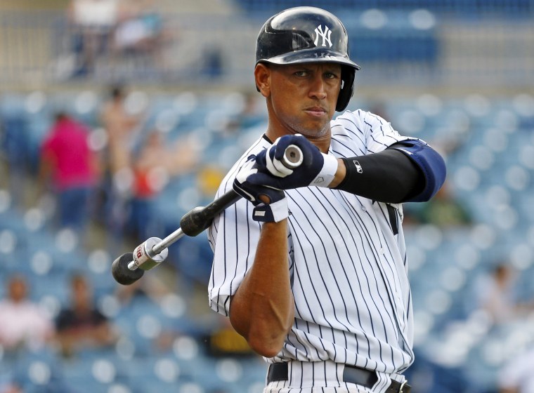 Alex Rodriguez waits on deck while playing for the Tampa Yankees during a minor league game July 13.